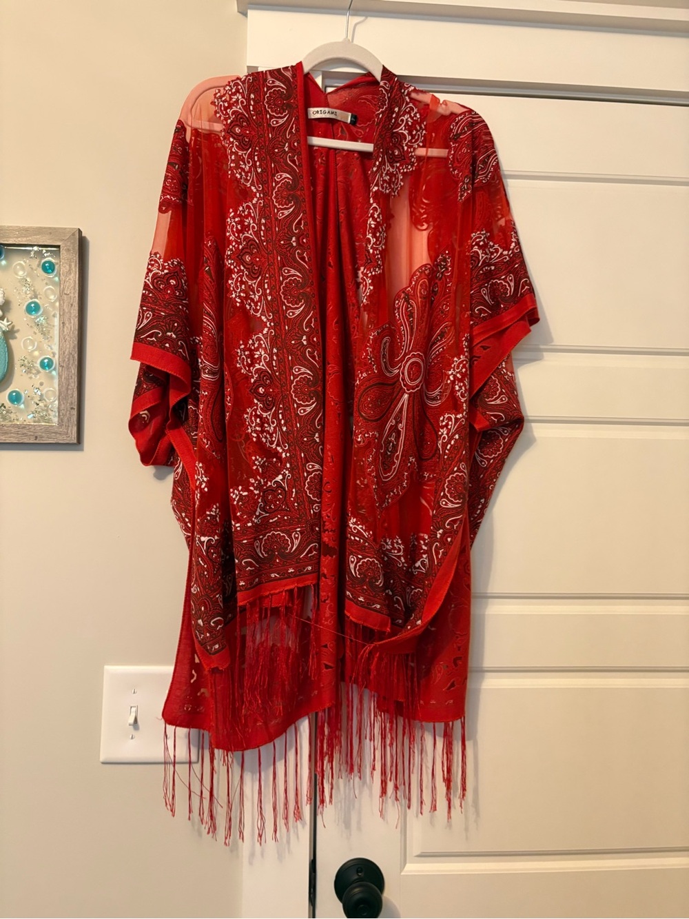 Red Paisley Fringe Kimono Cardigan